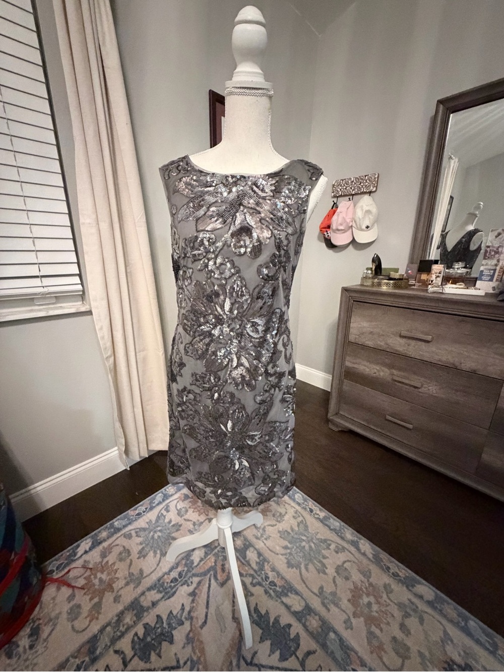 White House Black Market Gray Sequin Floral Sheath Midi Dress